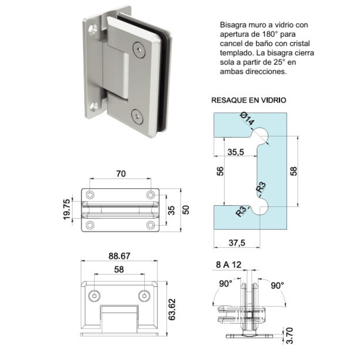 180° Glass Wall Hinge For Tempered Glass Door 1476 Herralum 