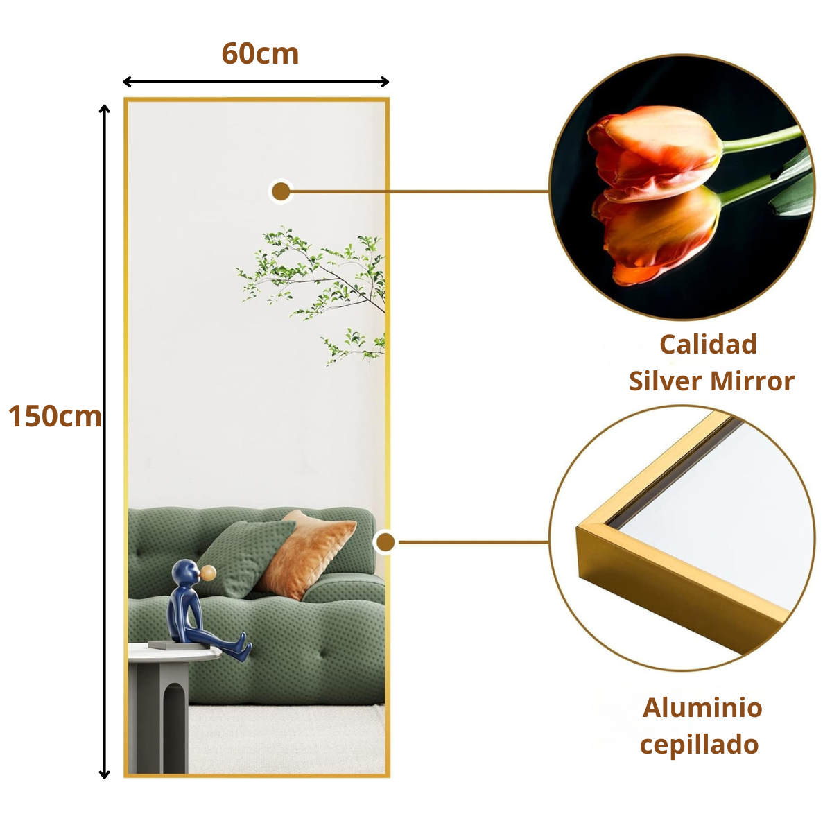 Espejo fullbody en forma rectangular con marco de aluminio 60x150 cm Herrashop