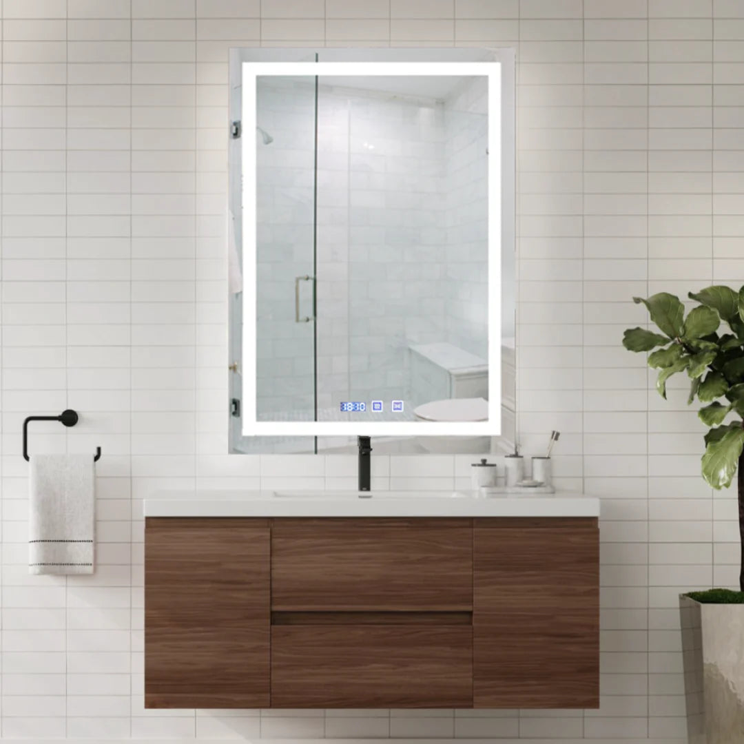 Luxury Rectangular Mirror 70x90 cm With 3 light tones + Anti-fog + Clock + Temperature