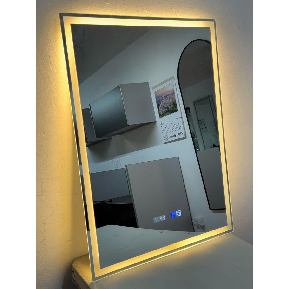 Luxury Rectangular Mirror 70x90 cm With 3 light tones + Anti-fog + Clock + Temperature