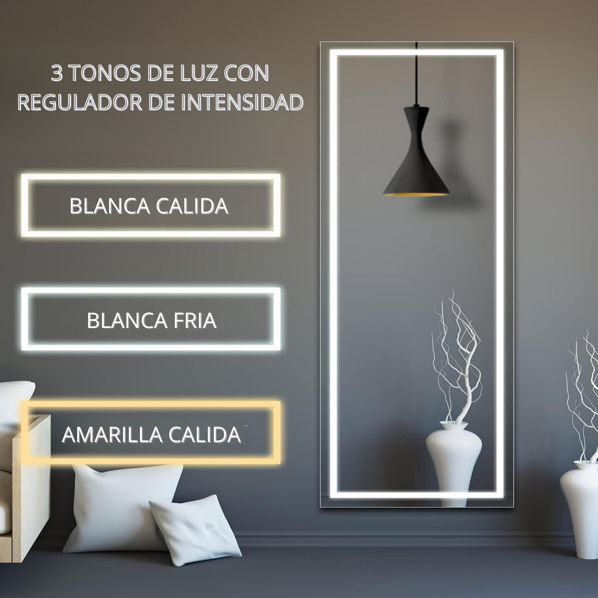 Espejo marco arenado con base 3 tonos de luz 170x60 cm herrashop