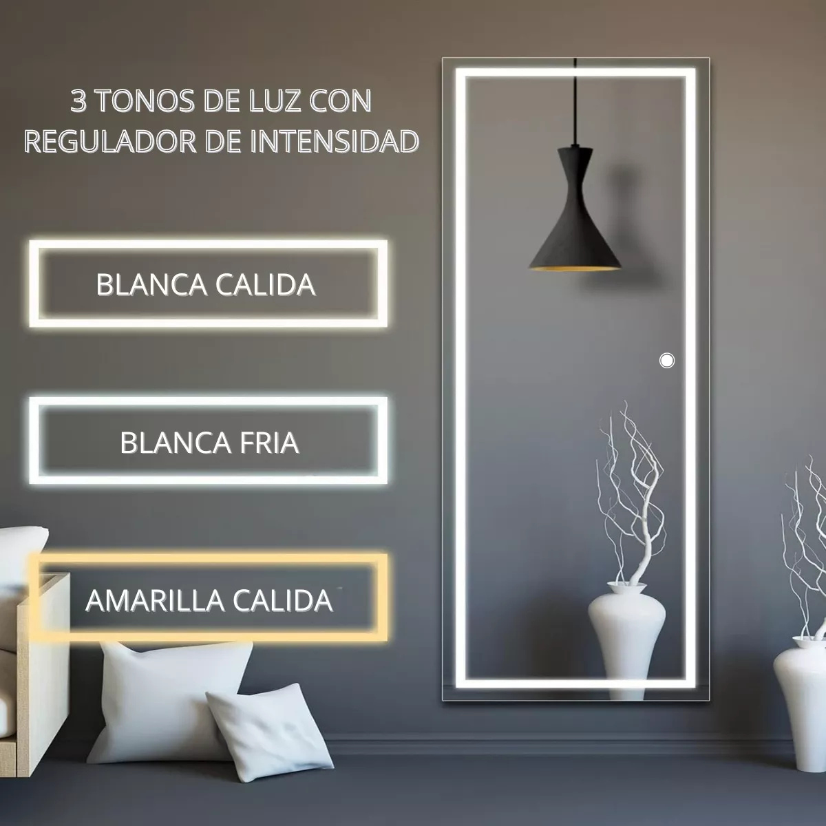 Espejo marco arenado cuerpo completo 3 tonos de luz 150x60 cm herrashop