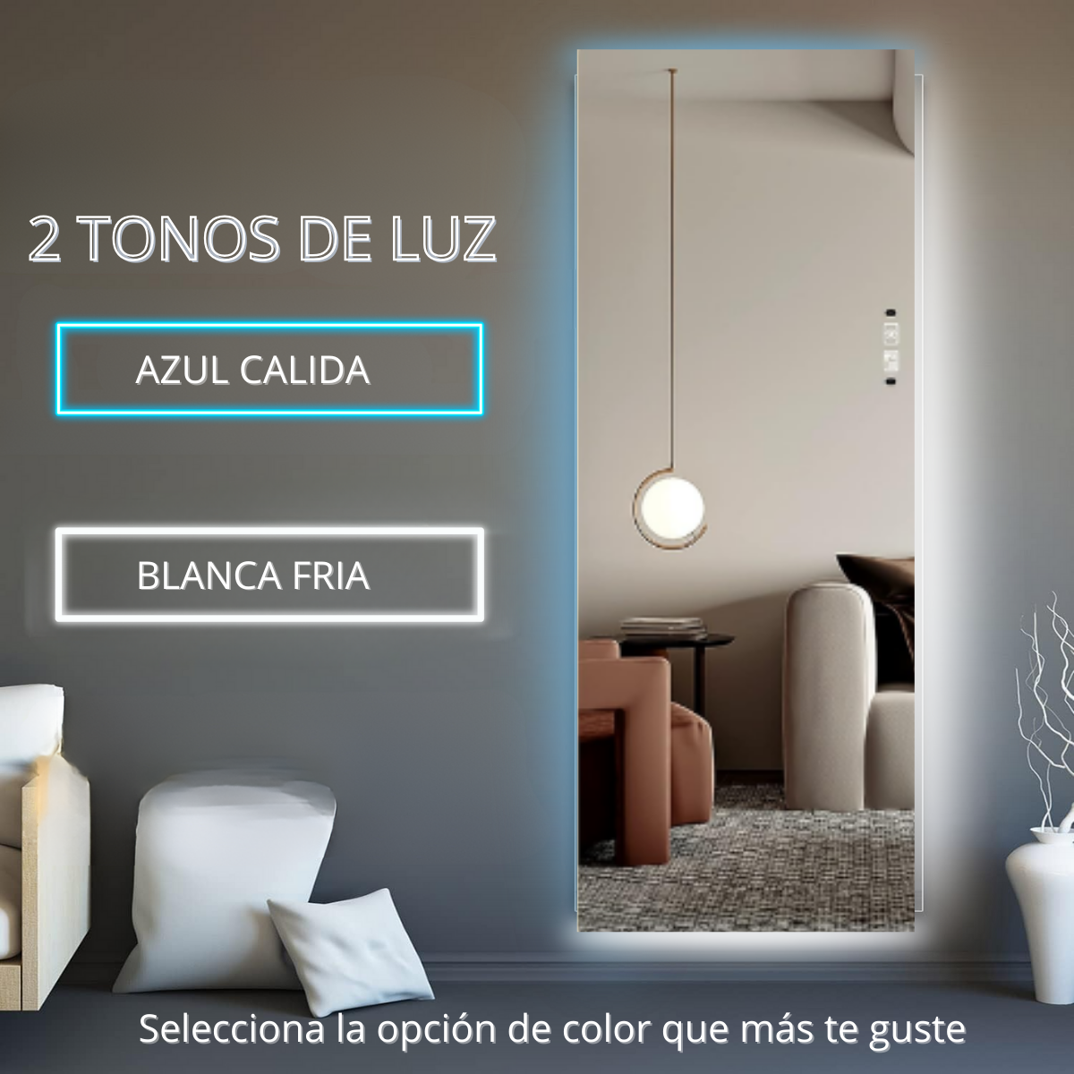 Espejo cuerpo completo luz atrás tipo flotante 2 tonos azul y blanca 150x60 cm herrashop