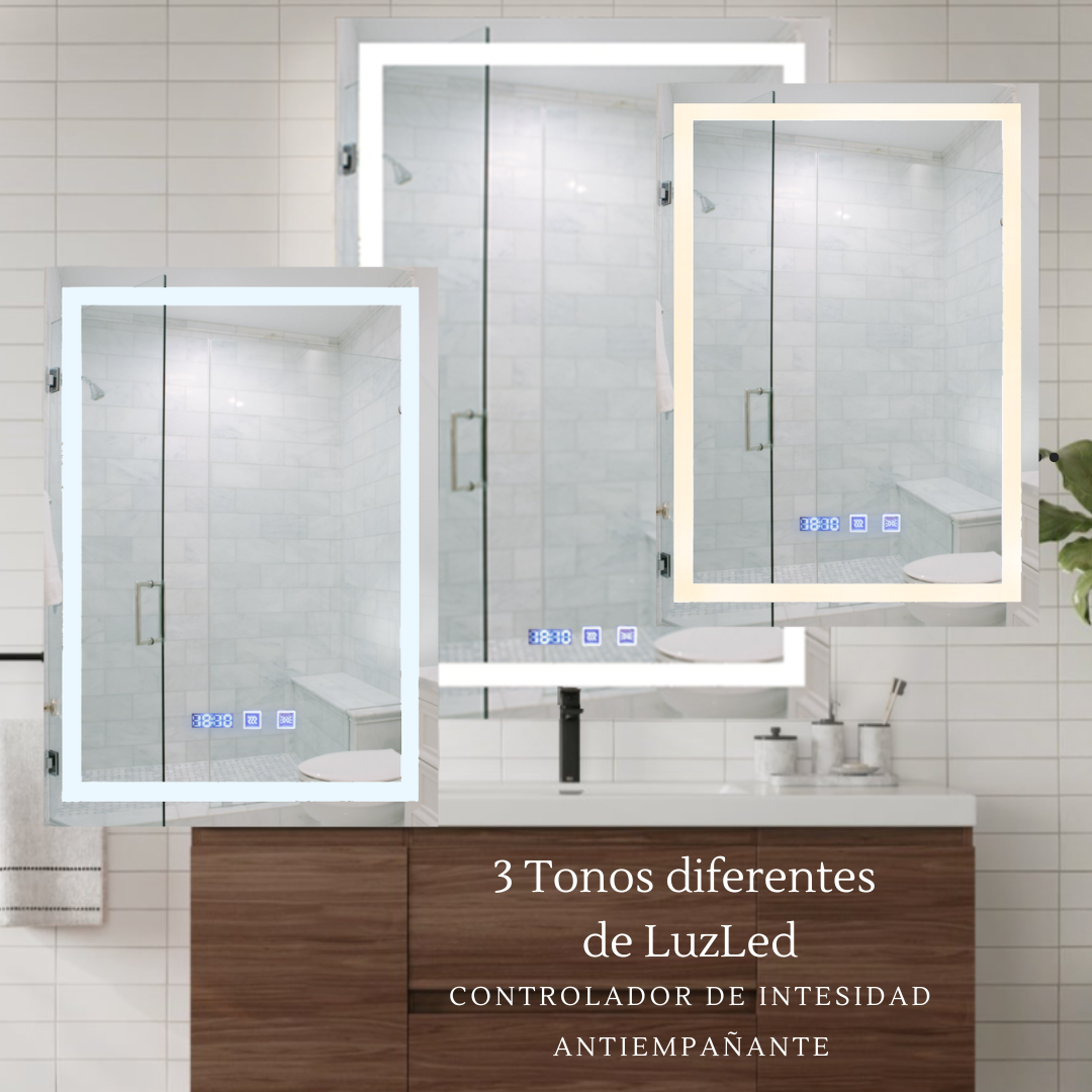 Luxury Rectangular Mirror 50x70 cm With 3 light tones + Anti-fog + Clock + Temperature