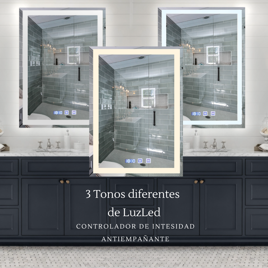 Luxury Rectangular Mirror 70x90 cm With 3 light tones + Anti-fog + Clock + Temperature