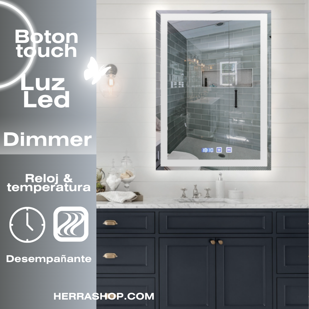 Luxury Rectangular Mirror 70x90 cm With 3 light tones + Anti-fog + Clock + Temperature