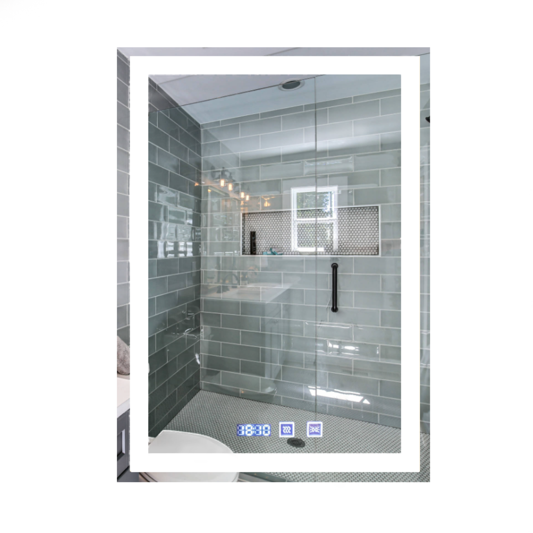 Luxury Rectangular Mirror 70x90 cm With 3 light tones + Anti-fog + Clock + Temperature