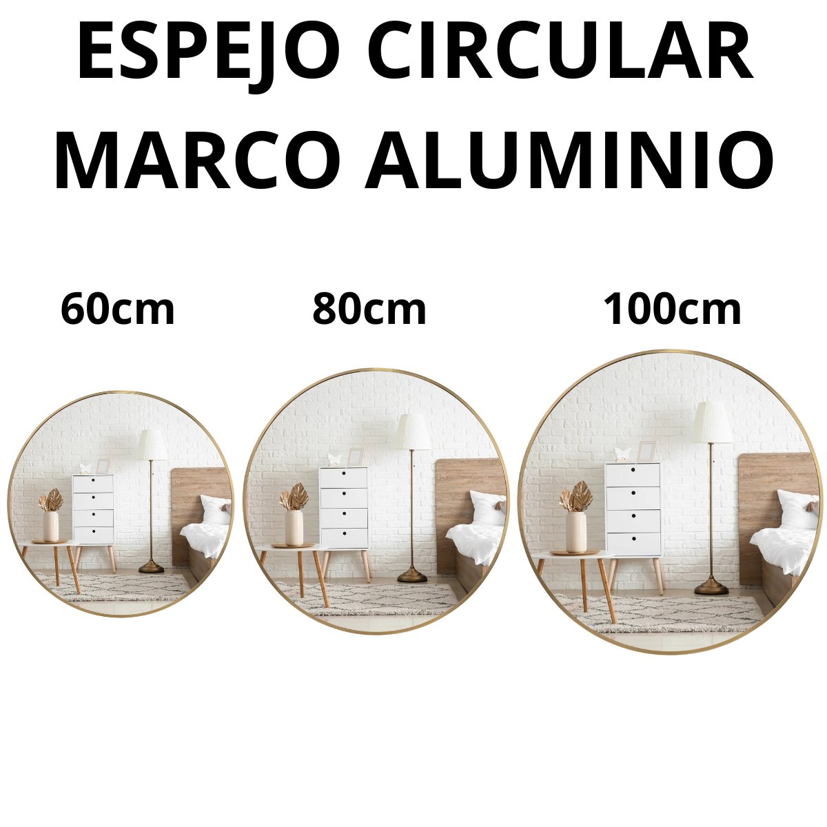 Espejo redondo con marco de aluminio en color oro herrashop