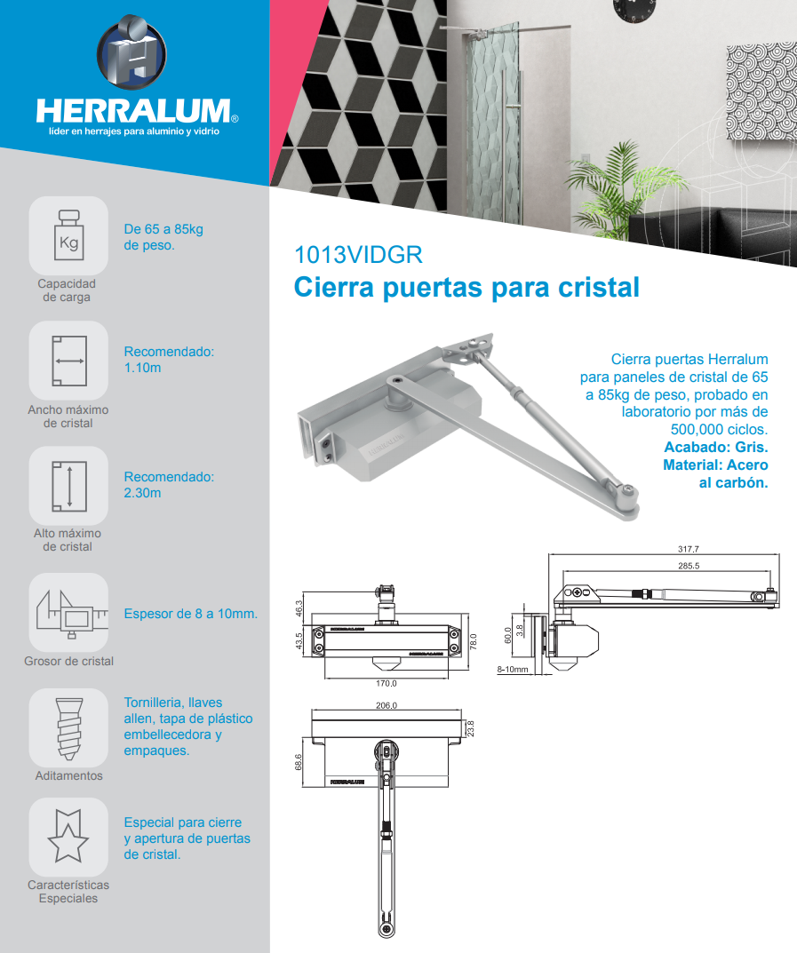 Cierra Puertas Para Puertas De Cristal Soporte 85 Kg