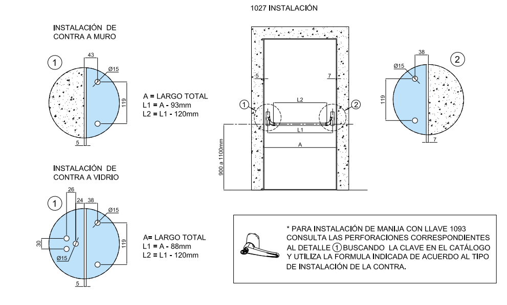 Barra Antipanico Horizontal Para Puerta Sencilla de Vidrio Templado Herralum