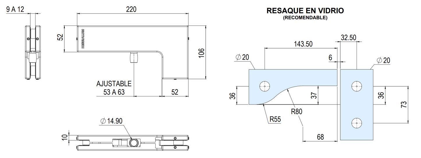 Herraje Superior Tipo “L” Línea Tapalpa Para Puerta de Cristal Templado herralum