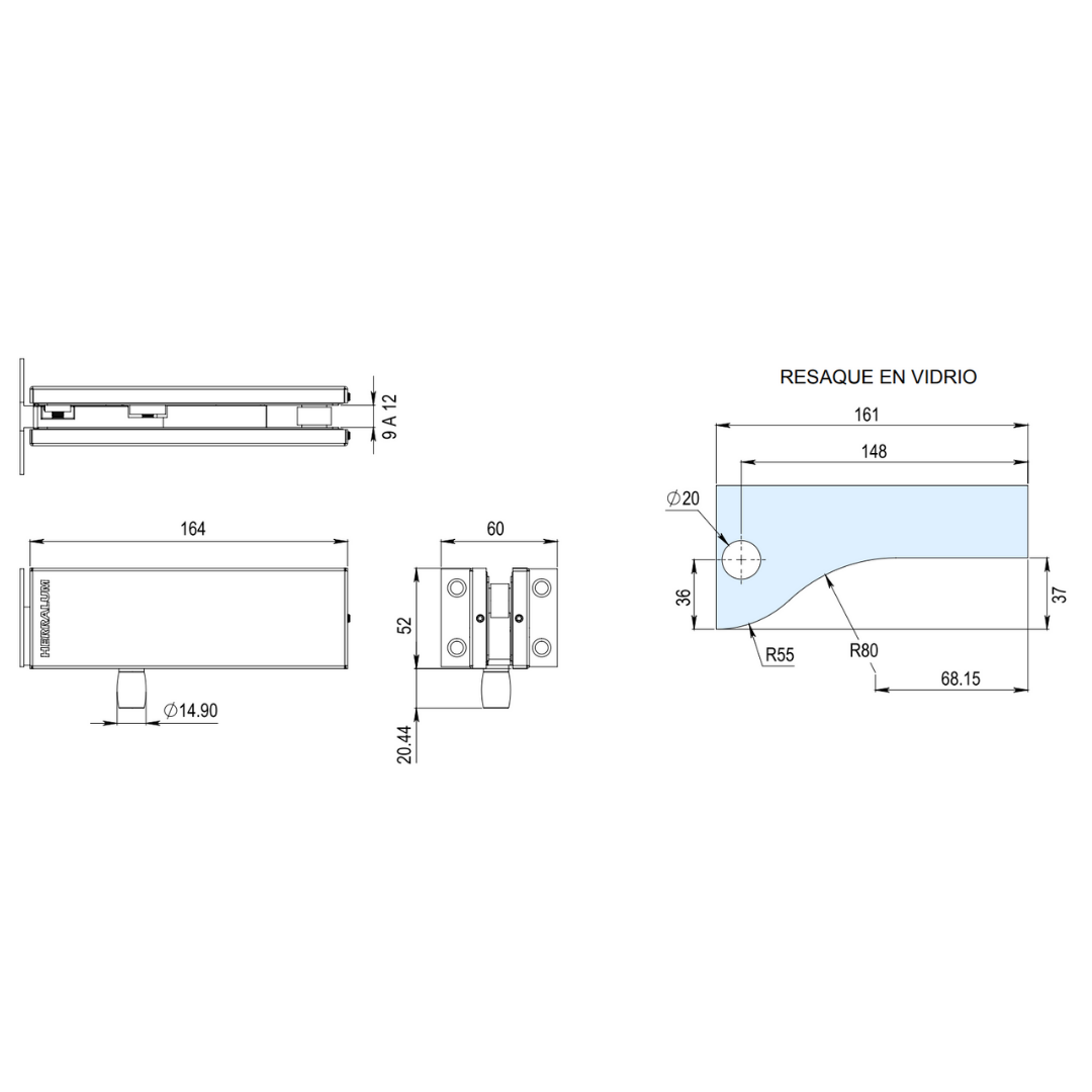 Herraje Superior Línea Tapalpa Herralum con Pivote Para Antepecho en Puerta de Cristal Templado