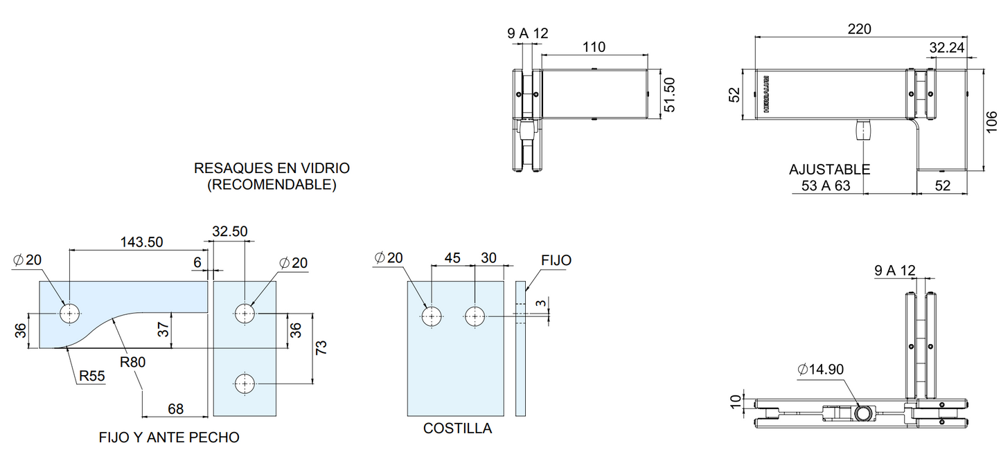 Herraje Superior Tipo "L" con Portacostilla Linea Tapalpa para Cristal Templado Herralum