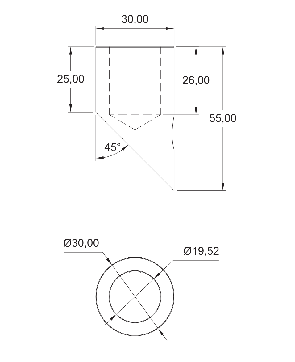 Wall to Tube Connector with 45° Base of 19mm Diameter. SKU 1244