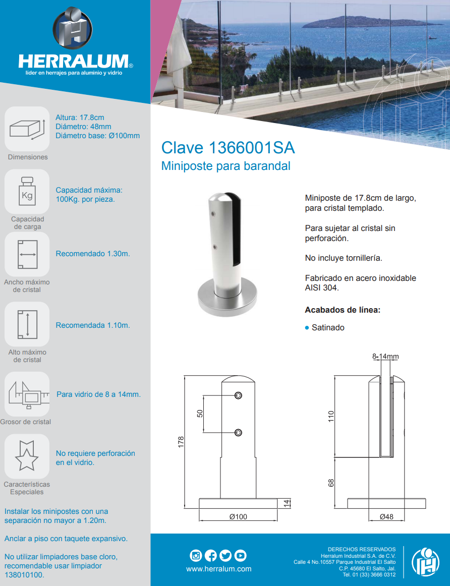 Mini Round Post 17.8cm high for Tempered Glass Railing from 8 to 14mm SKU 1366001SA 