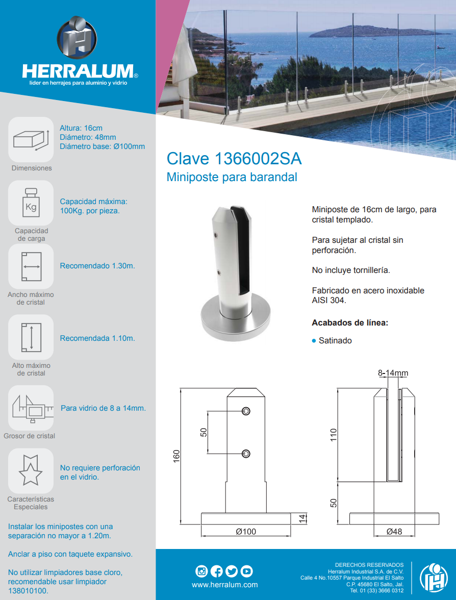 16cm High Round Mini Post For Tempered Glass Railing from 8 to 14mm SKU 1366002SA