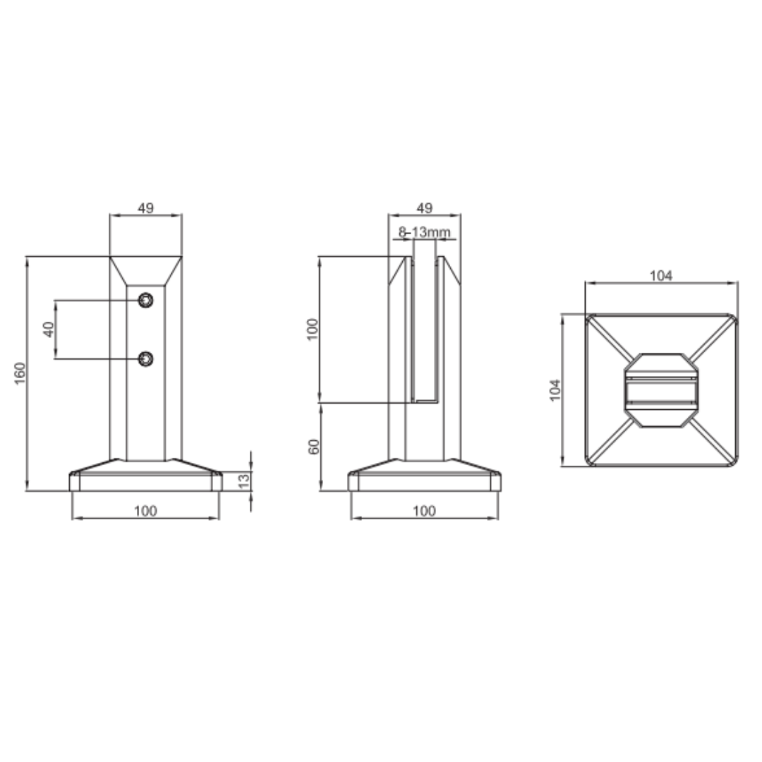 Miniposte Rectangular Negro de 16 cm de alto Para Barandal de Cristal Templado de 8 a 13mm Herralum