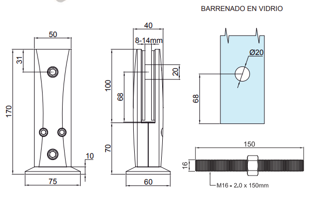 17cm High Rectangular Mini Post For Tempered Glass Railing from 8 to 14mm SKU 1366004SA Herralum