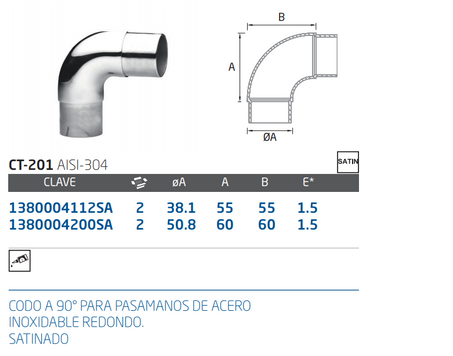 Codo Redondo a 90º de Acero Inoxidable Para Tubo de 38.1mm y 50.8mm
