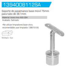 Soporte De pasamanos Base Móvil 75mm  Para Tubo De 1 1/2" (38.1mm) Herralum