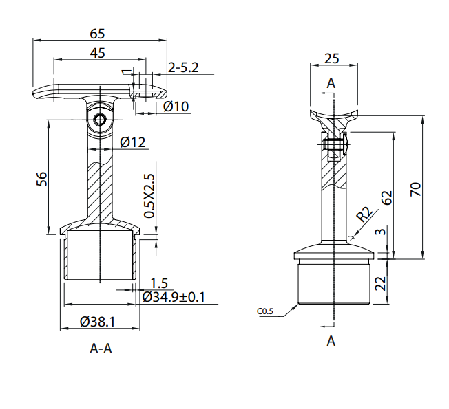 Soporte De pasamanos Base Móvil 75mm  Para Tubo De 1 1/2" (38.1mm) Herralum
