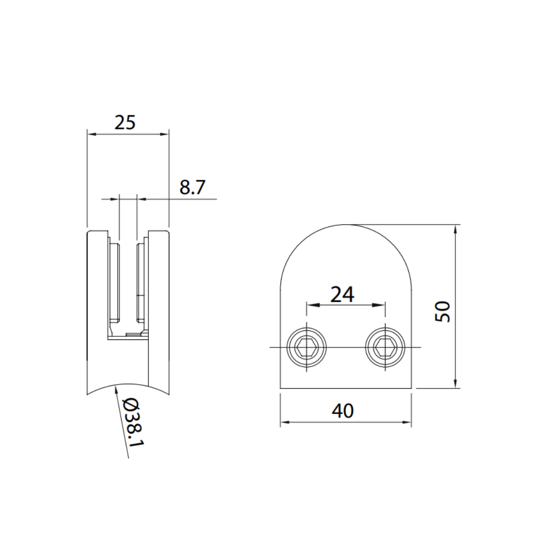 Curved Base Clip Connector For 38.1mm Tube To 8 to 10mm Glass. SKU 1394031112SA