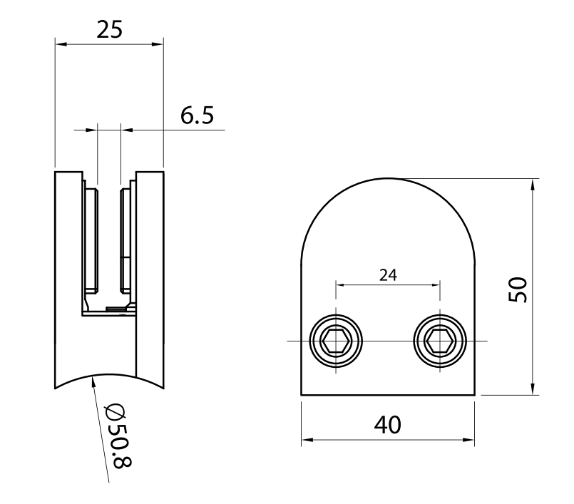 Conector Grapa Base Curva Para Tubo de 2" (50.8mm) a Vidrio de 8 a 10mm herralum