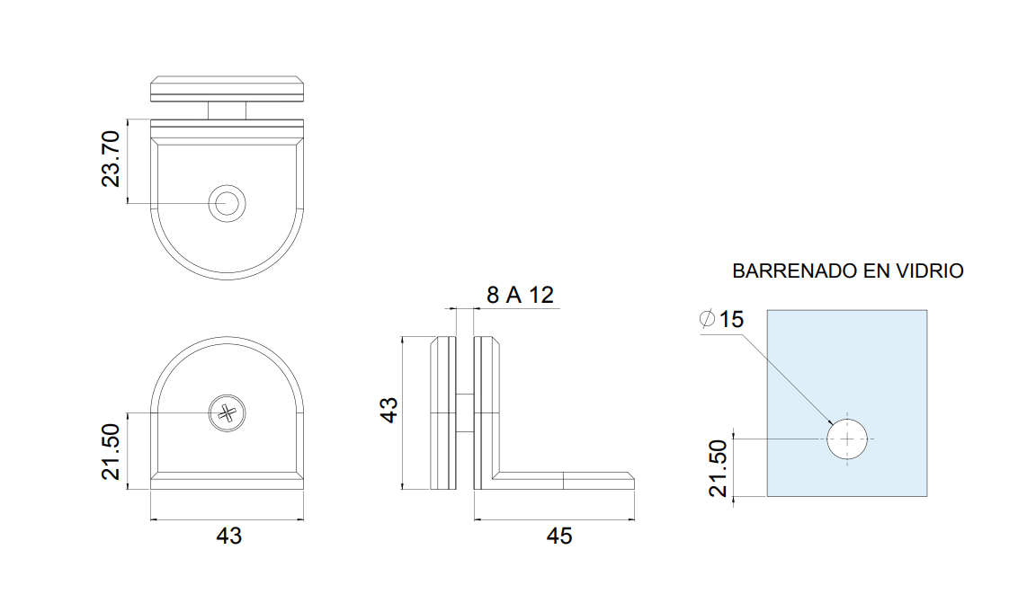 Curved Connector with Side Base for Fixed Tempered Glass at 90º from 8 to 12mm SKU 1410