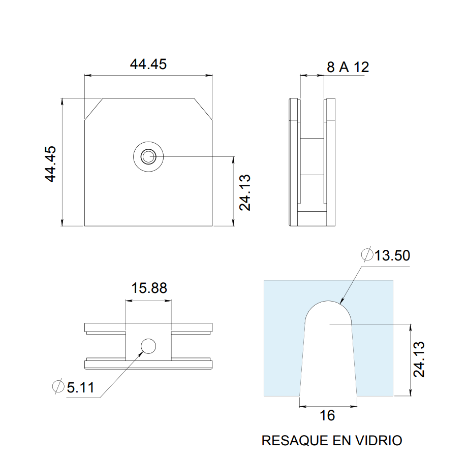 Conector Recto para Fijos de Vidrio Templado de 8 a 12mm herralum