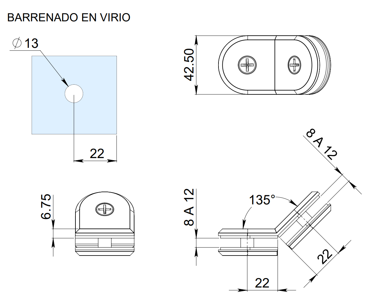 Conector Curvo Vidrio a vidrio en 180°