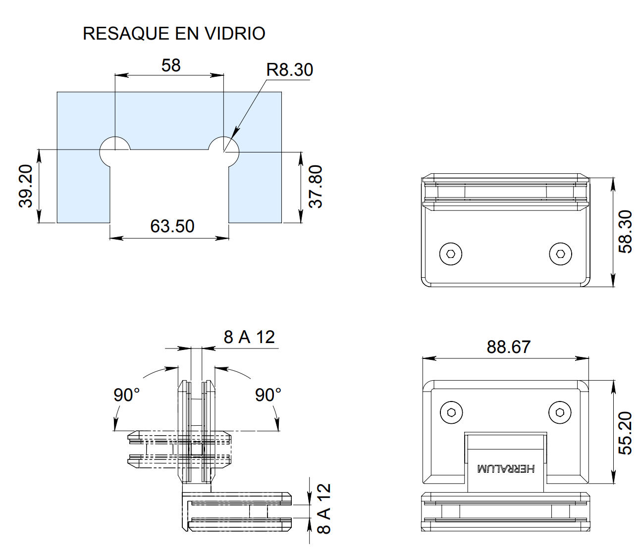 Bisagra VIdrio a VIdrio a 90° Acero Inoxidable Herrashop