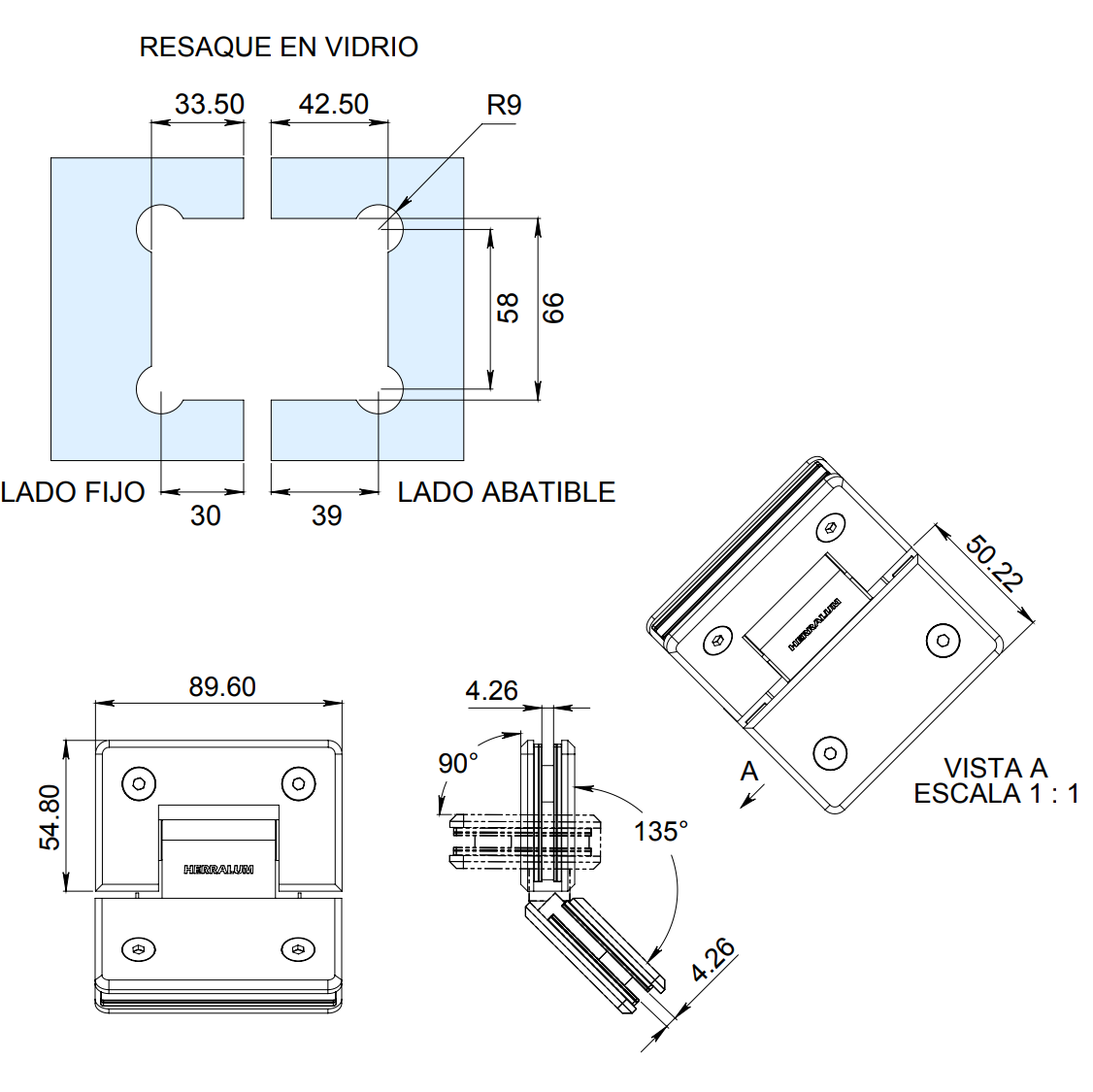 Bisagra VIdrio a VIdrio a 135° Acero Inoxidable Herrashop