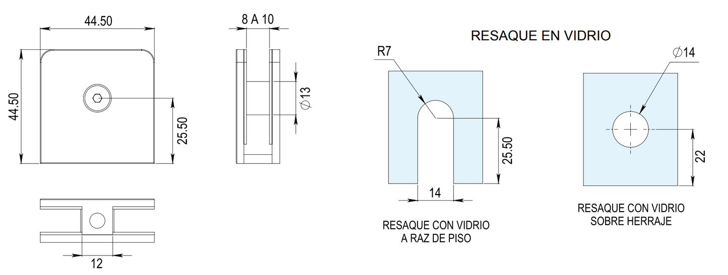 Conector Cuadrado Muro a Vidrio Oro Herrashop