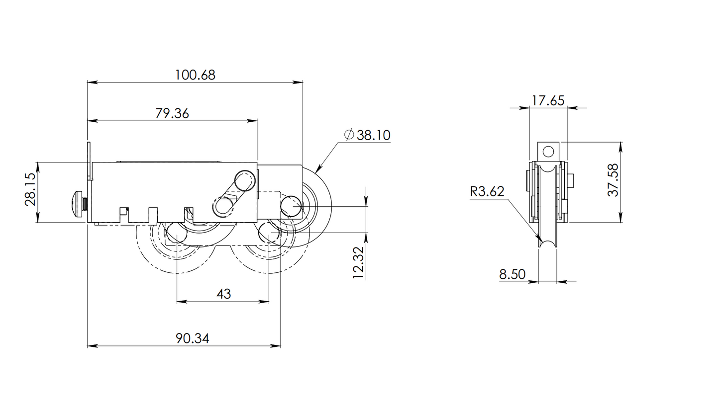 Double Bearing Tandem Wheelbarrow of 1 1/2 and 1 1/4 For 3” Sliding Cuprum line SKU 2130 Herralum