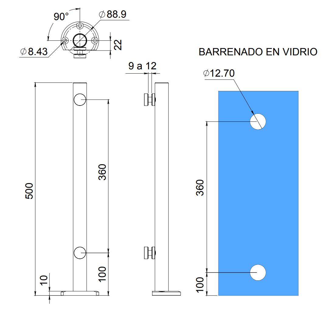 MiniPoste Monterrey De 50cm Satin Para Cristal Templado de 9mm a 12mm
