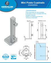 Mini Square Monterrey Post 25cm High with 3x3cm Tube 20 Gauge For 9 to 12mm Glass SKU 2324025SA