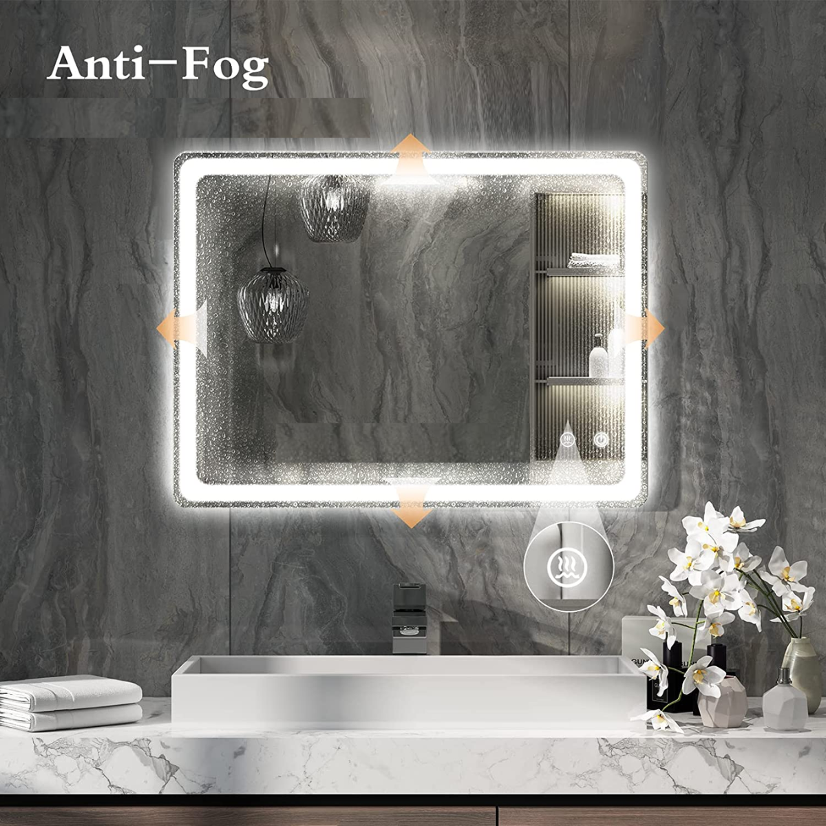Luxury Rectangular Mirror With 3 Light Shades + Anti-Fog 60X80 cm