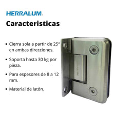 Bisagra Muro a VIdrio 180° Para Puertas de Cristal Templado 1033 Herralum HERRALUM 1033180SA