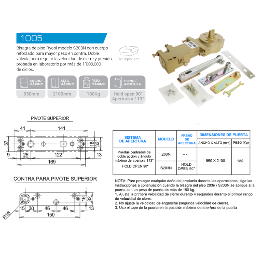 Bisagra Hidráulica de Piso Modelo S203n SKU 100500000 Para Puertas de Hasta 180kg Ryobi