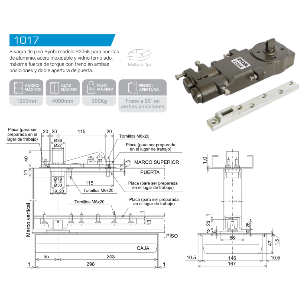 Ryobi S205K Hydraulic Floor Hinge 300kg SKU 1017 Ryobi