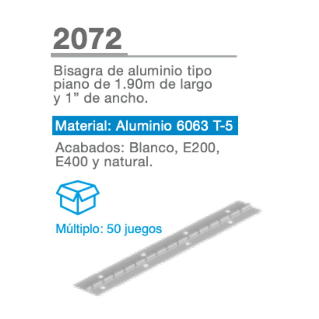 Bisagra de Aluminio Tipo Piano de 1.90m de Largo y 1" de Ancho Herralum