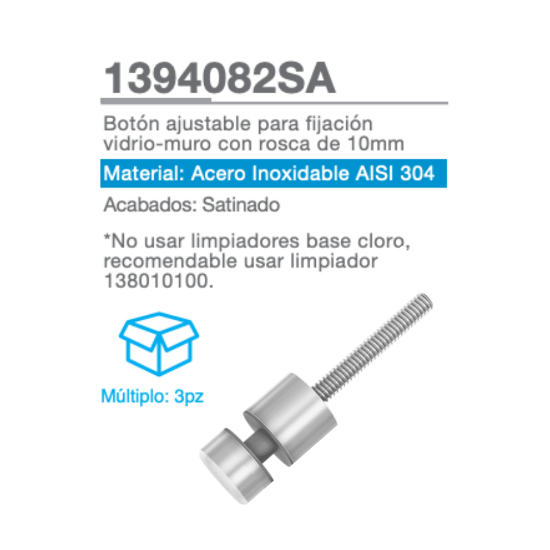 Boton Ajustable Para Fijacion Muro-Vidrio con Rosca de 10mm Herralum