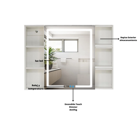 Botiquín Premium Peñasco 90x65x13 Con Luz Led+ Dimmer + Antifog +Reloj + Temperatura
