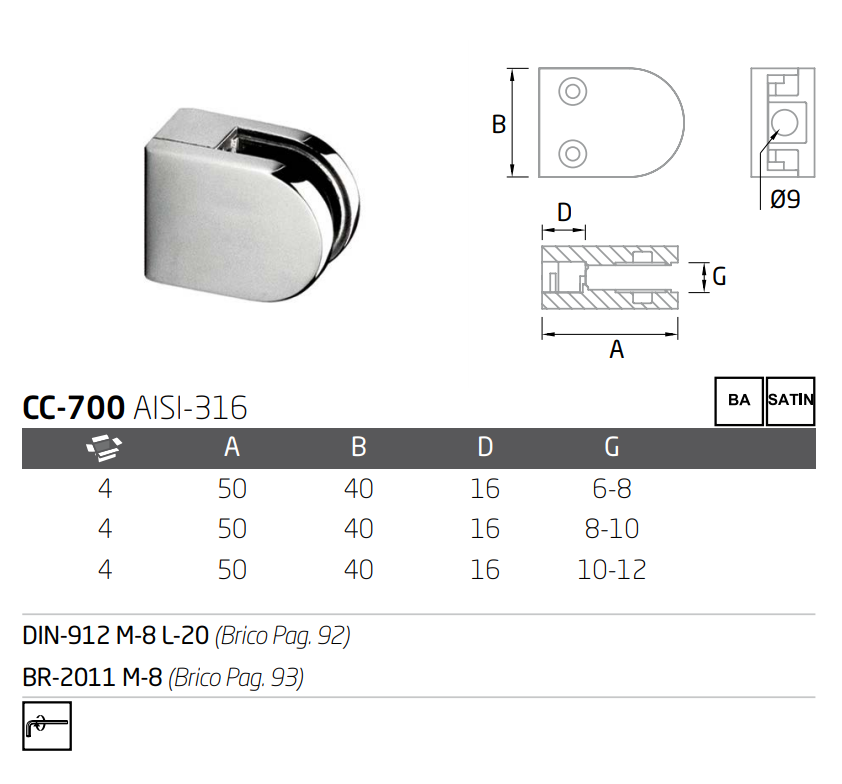 Conector Grapa Base Plana Para Vidrio de 8-10mm/10-12mm herralum