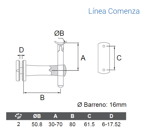 Soporte Lateral Ajustable Vidrio a Tubo Pasamanos de 50.8mm herralum