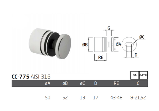 Conector Redondo Lateral de 50mm de Diametro para Vidrio de 8-21.5mm herralum