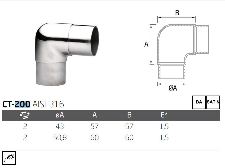 Stainless Steel 90° Straight Elbow For 38.1mm Pipe SKU 1380003112SA