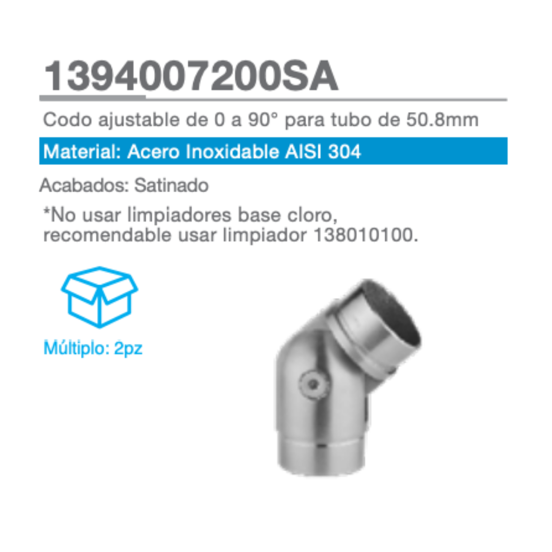 Adjustable Elbow from 0 to 90º for 50.8mm Tube SKU 1394007200SA