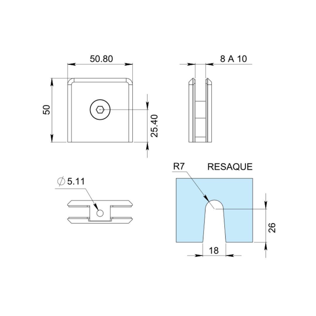 Conector Cuadrado de Fijación Central y Base Corta Muro Vidrio
