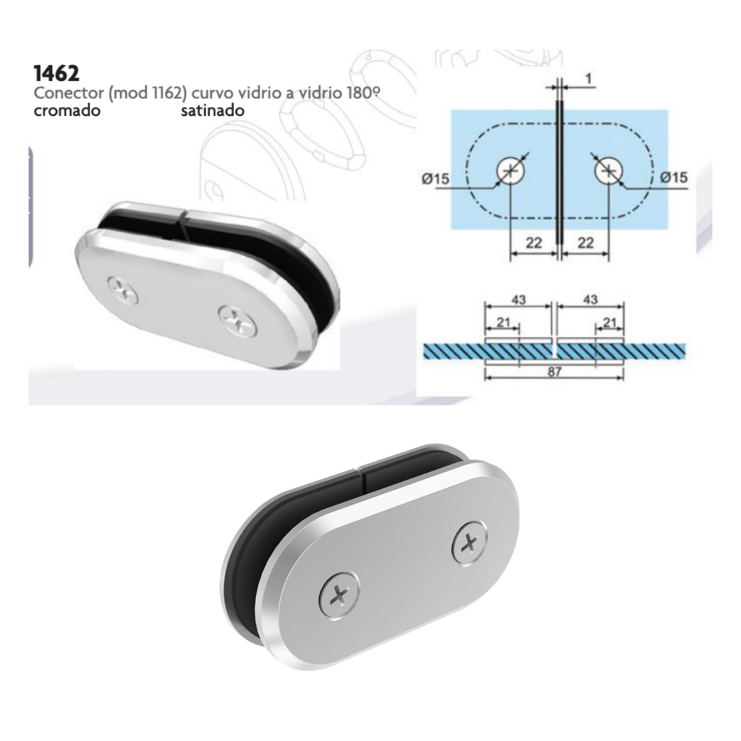 Conector Curvo Vidrio a vidrio en 180°